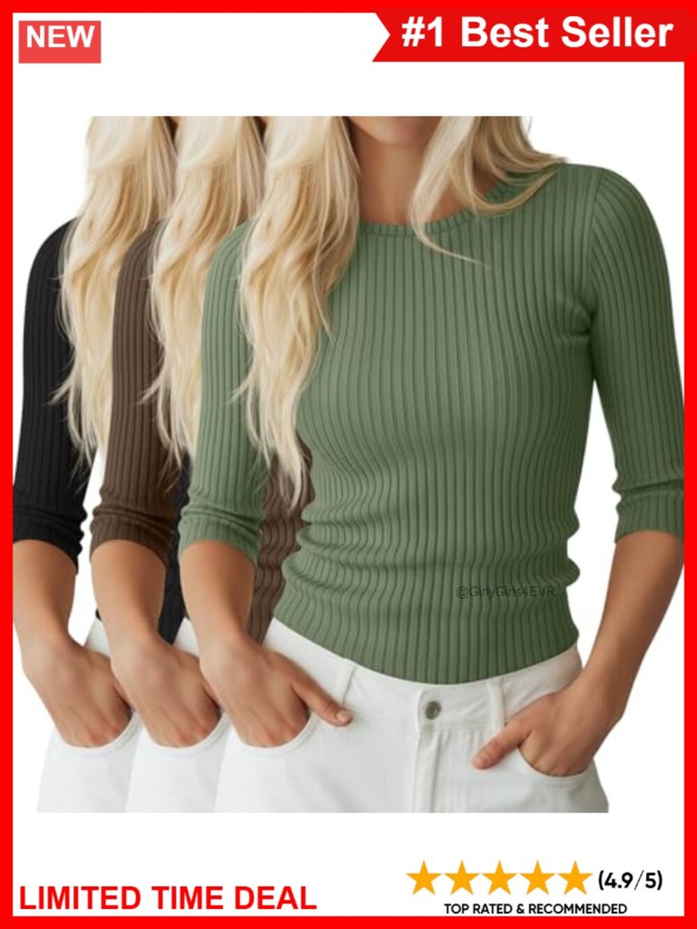 3 Pack 3/4 Sleeve Ribbed Tops Cotton Undershirt Slim Fit Crew Neck Women